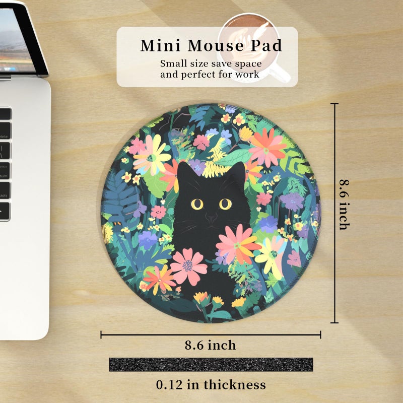 Hancynir Floral Black Cat Mouse Pad for Desk, Small Cute Mousepad with Non-Slip Base, Round Travel Mouse Pads for Wireless Mouse Laptop, Computer Mouse Mat for Gaming Home Office Desk Accessories - Image 3